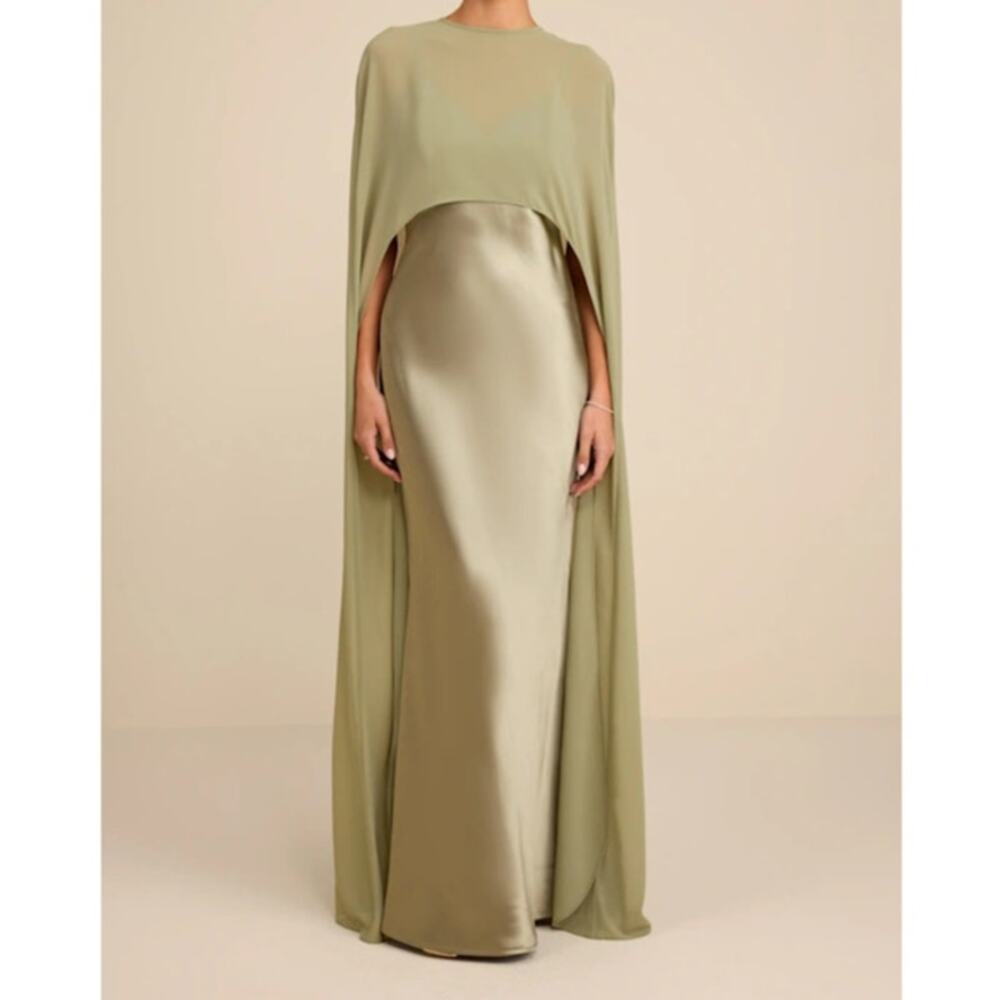 NEW Lulus Cavana Sage Green Satin Slip Dress Cape Overlay Maxi Dress 2-Piece Set